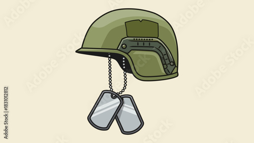 A green military helmet with dog tags hanging from it, symbolizing service and remembrance.
