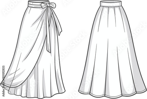 Wrap and pleated long skirt fashion sketch, front view garment template, cad drawing flat vector illustration for design Wrap and pleated long skirt fashion sketch, front view garment template