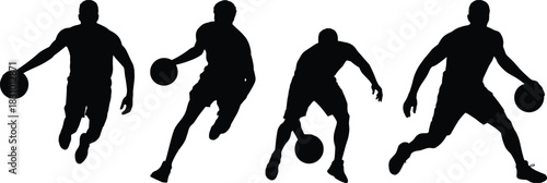 Basketball player silhouette, dribbling motion, athletic pose vector, black sports figure, dynamic action design, human movement illustration, sport icon