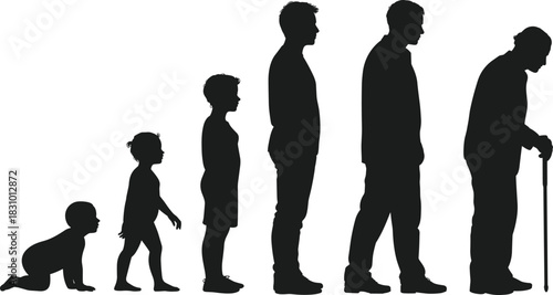 Human life stages silhouette, aging progression chart, black vector figures, development timeline illustration, age transition posture design