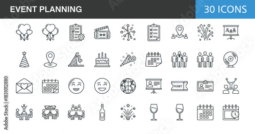 Modern event planning line icons set featuring celebration elements, party organization tools, schedule management, invitations, location markers, meeting activities and festive symbols