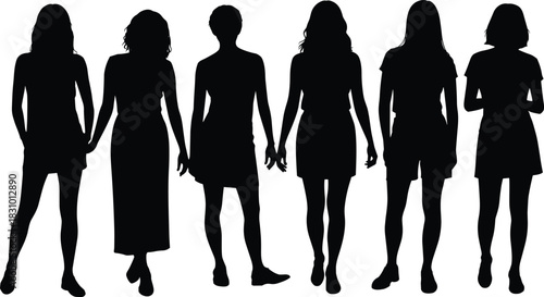Female silhouette group, standing pose set, black vector women, clothing and posture variation chart, identity shape illustration