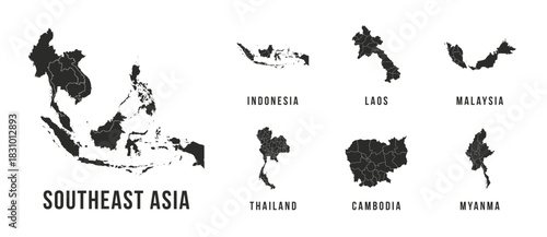 Southeast Asia Map set. High quality Southeast Asia map. Indonesia, Laos, Malaysia, Thailand, Cambodia, Myanma maps. Vector illustration