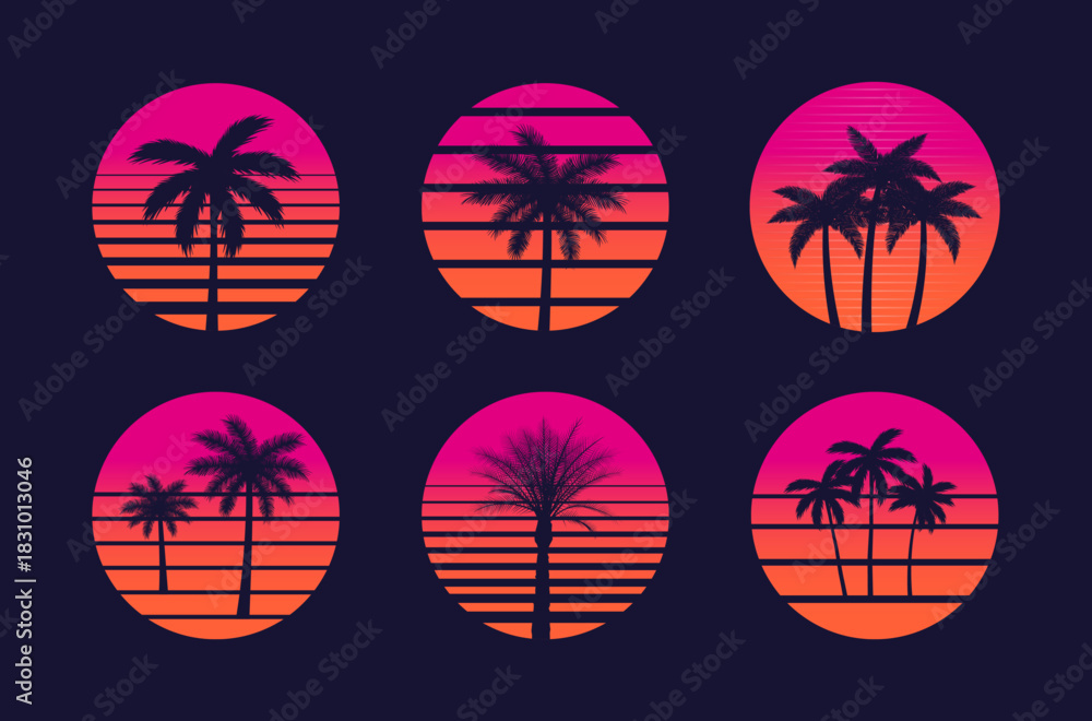 Fototapeta premium Retro palm sunset in 80s style. Retro sun silhouette with neon gradient sun and palm trees silhouette in 80s style. Vector illustration