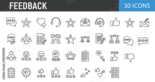 Modern feedback line icons set featuring rating stars, customer reviews, satisfaction evaluation, communication tools, survey forms, user responses and performance scoring