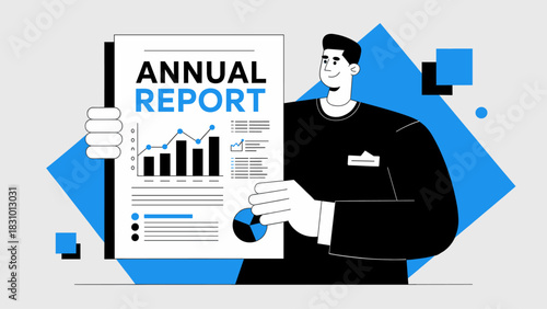 man holding an annual report with charts and graphs, vector illustration for business performance and financial analysis
