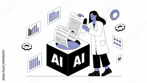 scientist feeding data into an ai processor, vector illustration for machine learning, big data analysis, and scientific research