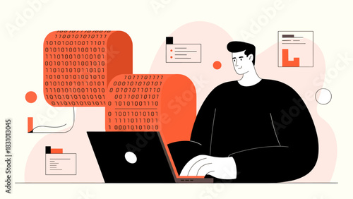 developer working on a laptop with binary code and data visualizations, vector illustration for software development, data science, and programming
