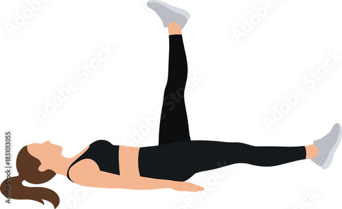 Female fitness illustration performing leg raise exercise on floor, flat workout vector for gym training, core strengthening and health tutorials