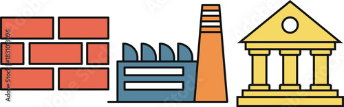 Brick wall factory building and classical architecture with columns industrial building chimney