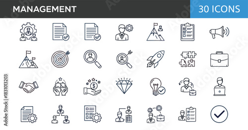 Modern management line icons set featuring leadership, business strategy, goal achievement, teamwork, planning, success growth, analytics, career development and organization tools