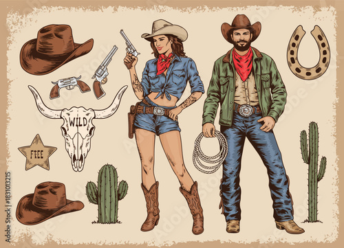 Wild West Vintage Sticker Collection Featuring Retro Cowboy Icons, Western Symbols, Bold Decorative Graphics, And Classic Frontier Elements Designed For Fun Labels, Posters, Crafts