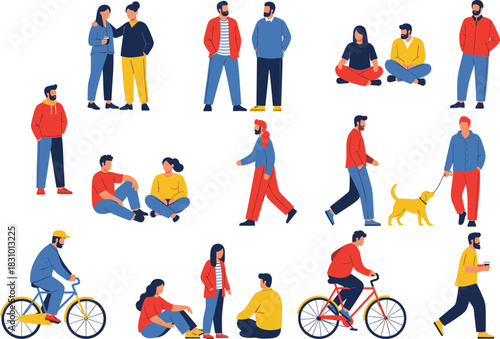 Flat illustration set of diverse people walking, cycling, sitting, talking, and engaging in everyday outdoor lifestyle activities in modern colorful style
