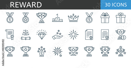 Modern reward line icons set featuring trophies, medals, certificates, achievement symbols, celebration elements, prizes, recognition awards and success appreciation graphics