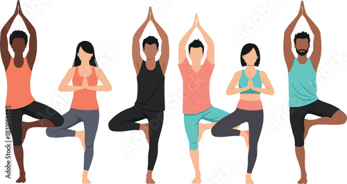 Group of diverse people practicing yoga tree pose together, wellness fitness illustration promoting balance, mindfulness, healthy lifestyle and peaceful meditation exercise