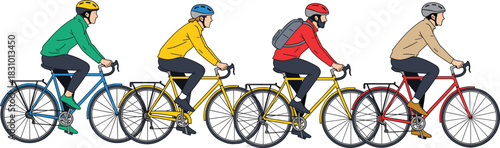 Group of cyclists riding bicycles outdoors, wearing helmets and activewear, healthy lifestyle commuting illustration showing teamwork, fitness activity and urban transportation
