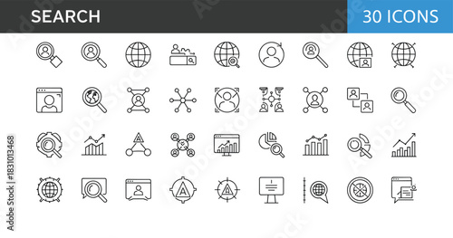 Modern search and discovery line icons set featuring global lookup, user search, data analysis, network connections, magnifying elements and analytics tools