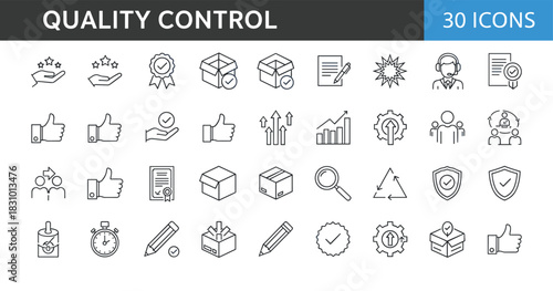 Modern quality control line icons set featuring inspection, certification, product approval, performance evaluation, customer satisfaction, verified process and assurance standards