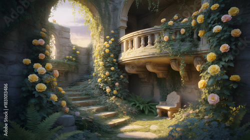 A magical pathway winding through an
ancient, overgrown garden. Cascading pink wisteria and ivy drape over stone archways, leading towards a soft, ethereal light in the distance. Lush greenery, vibran