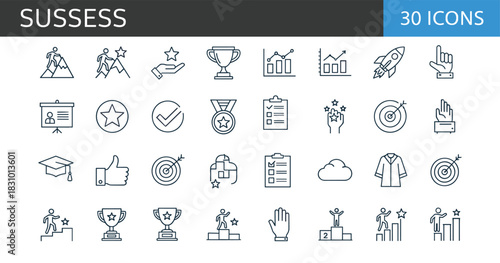 Modern success line icons set featuring achievement symbols, goal completion, awards, motivation, progress charts, leadership growth, business victory and personal accomplishment