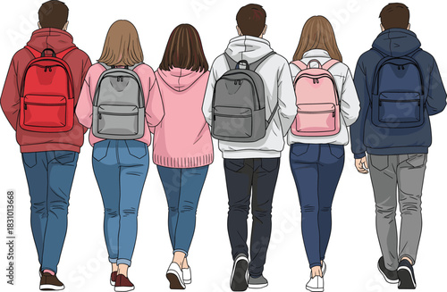 Group of students walking together with backpacks, modern casual clothing illustration showing back view of teenagers and young adults heading to school