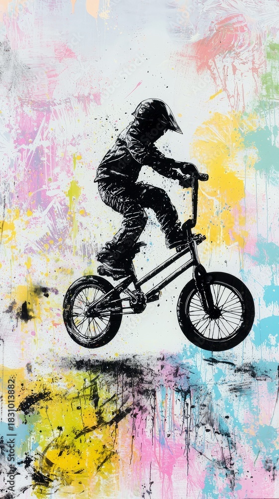 Fototapeta premium Silhouette of a BMX rider performing a stunt against a vibrant, abstract background with paint splatters and splashes.