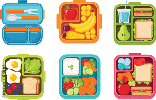 Healthy lunchbox meal illustration set featuring balanced food containers, fruits, vegetables, sandwiches and snacks for school kids, fitness and meal prep concepts