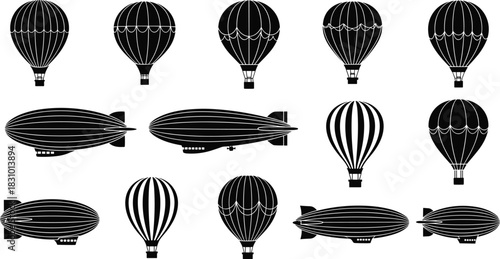 Hot air balloon and airship silhouettes, vintage zeppelin aircraft icons, aviation transport design elements for travel, exploration, adventure themed illustrations