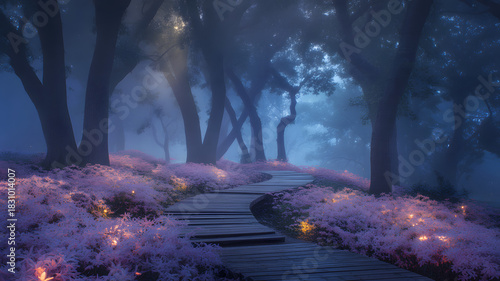 A magical pathway winding through an
ancient, overgrown garden. Cascading pink wisteria and ivy drape over stone archways, leading towards a soft, ethereal light in the distance. Lush greenery, vibran