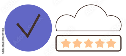 Blue checkmark alongside outlined cloud with five orange stars indicating quality, approval, and high standards. Ideal for certification, trust, review, feedback, excellence, reliability simple flat