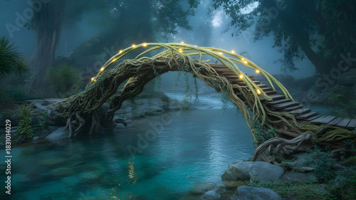 A magical pathway winding through an
ancient, overgrown garden. Cascading pink wisteria and ivy drape over stone archways, leading towards a soft, ethereal light in the distance. Lush greenery, vibran