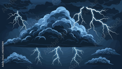 Stormy weather with lightning strikes in a dark blue sky with ominous clouds.