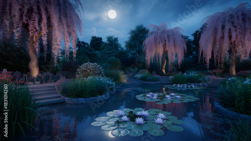 A magical pathway winding through an
ancient, overgrown garden. Cascading pink wisteria and ivy drape over stone archways, leading towards a soft, ethereal light in the distance. Lush greenery, vibran