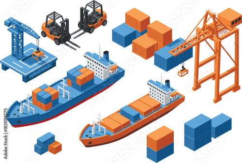 Isometric cargo ships with containers, cranes, forklifts and logistics equipment illustrating global shipping industry, maritime transport, freight operations and port logistics