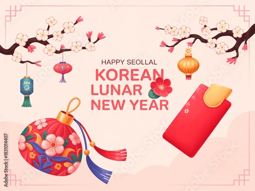 Vibrant korean lunar new year celebration with cherry blossoms and traditional decorations