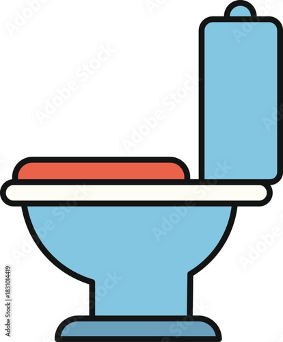 Simple flat illustration of a light blue toilet with coral seat bathroom plumbing