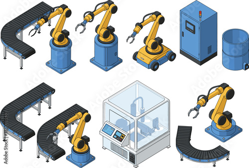 Isometric robotic arms and conveyor system illustration showcasing automation machines, industrial robotics equipment, smart factory technology and modern manufacturing process components