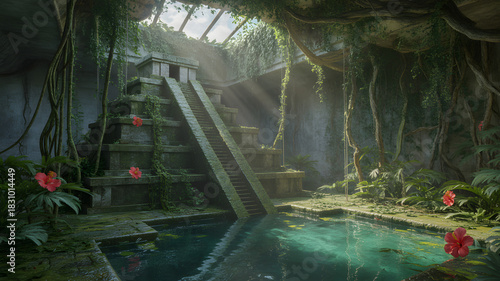 A magical pathway winding through an
ancient, overgrown garden. Cascading pink wisteria and ivy drape over stone archways, leading towards a soft, ethereal light in the distance. Lush greenery, vibran