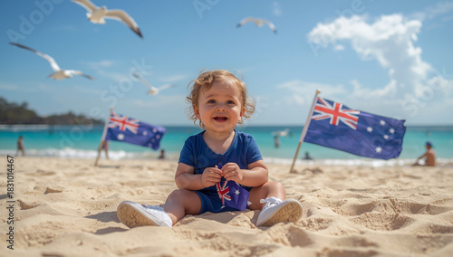 Happy Toddler with Australian Flag on Beach