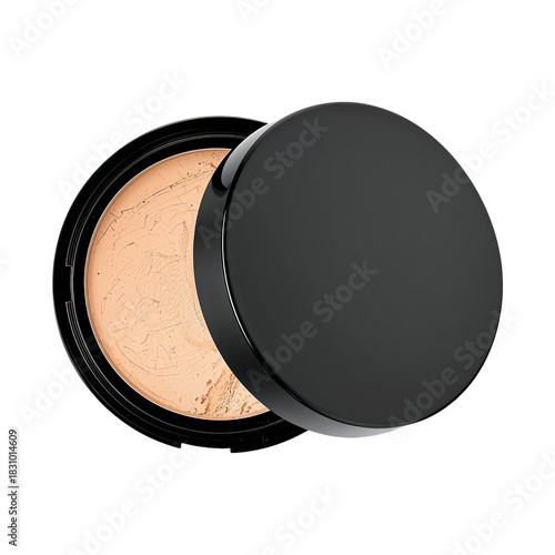 Compact Powder in Black Case Open to Reveal Soft Beige Color for Makeup Appli...