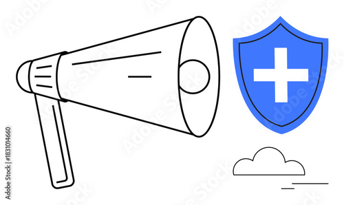 Megaphone with blue shield and plus sign conveys safety, advocacy, healthcare, communication. Ideal for healthcare, protection, public awareness, trust outreach promotion teamwork. Flat metaphor