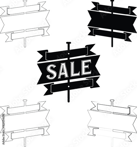 Collection of vintage style sale banner signs in black and white illustration