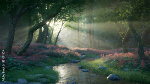 A magical pathway winding through an
ancient, overgrown garden. Cascading pink wisteria and ivy drape over stone archways, leading towards a soft, ethereal light in the distance. Lush greenery, vibran