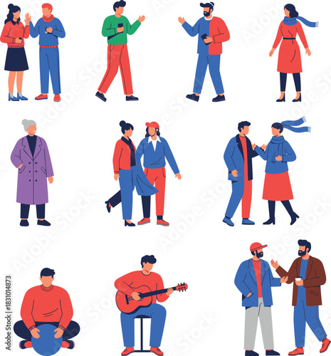 Modern flat illustration of diverse people walking talking interacting in casual winter clothing outdoor activities characters perfect for lifestyle design projects