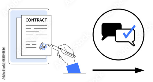 Hand signing formal contract, followed by dialogue bubbles with checkmark, indicating agreement or approval. Ideal for contracts, communication, business deals, legal agreements, collaboration