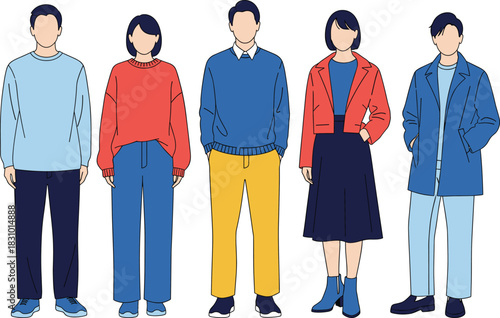 Modern casual people standing together wearing colorful outfits in flat illustration style for fashion lifestyle character design and trendy concept