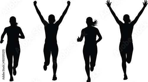Vector Silhouette Collection of Female Runners, Shown Mid-Run and Celebrating Victory with Arms Raised, Ideal for Themes of Achievement, Fitness, Sports, and Competition