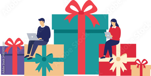 People working on laptops sitting on giant gift boxes, festive holiday illustration concept showing online shopping, celebration, winter season and digital lifestyle