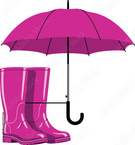 Pink umbrella and rain boots illustration representing rainy weather essentials, waterproof accessories, seasonal fashion and outdoor protection for spring monsoon design