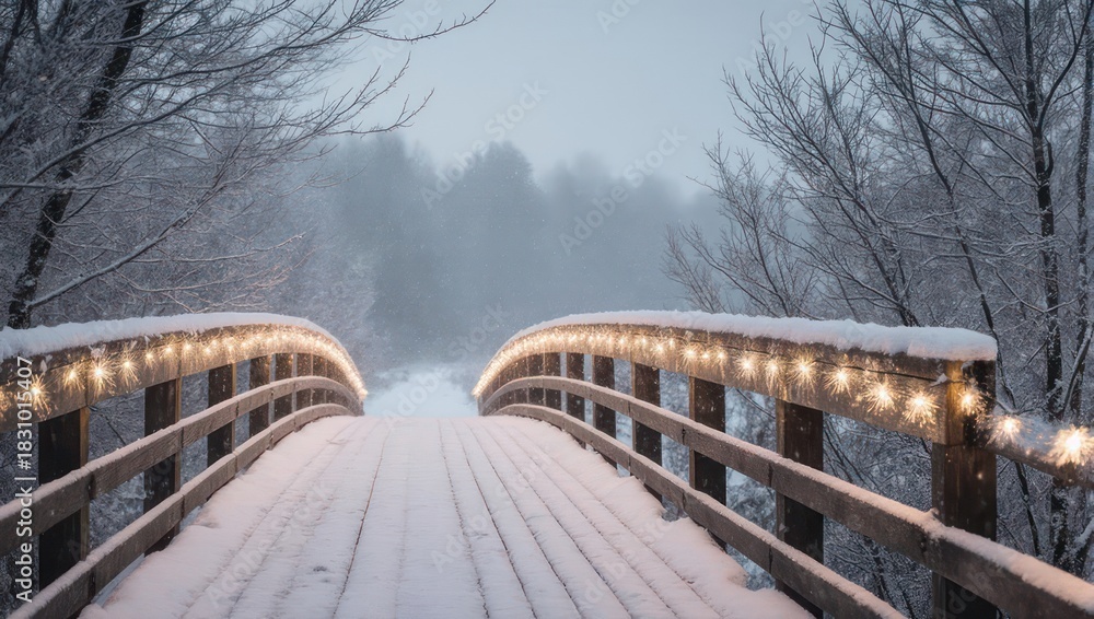 Naklejka premium Snowy Bridge with Lights - A Winter Wonderland Scene.